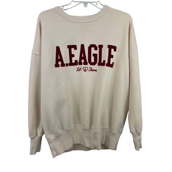 American Eagle XS Ivory Sweatshirt Crew Neck Let Peace Shine Cotton spell-out - Picture 1 of 9